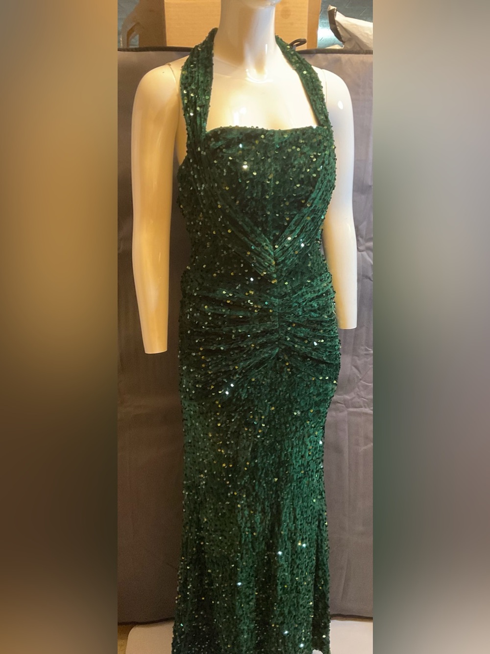 Knockout Emerald Green Sequin Ruched Evening Dress